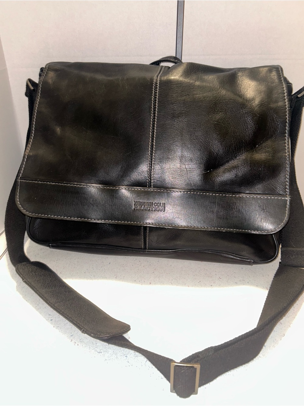Kenneth Cole Reaction Black Leather Messenger with Adjustable Strap